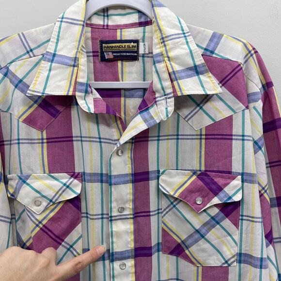 VTG Panhandle Slim Pearl Snap Western Shirt Mens 17.5 x 36 Purple White Plaid LS - Picture 3 of 8